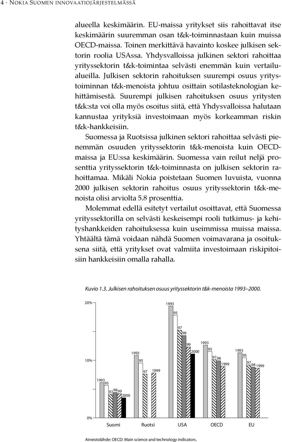 Julkisen sektorin rahoituksen suurempi osuus yritystoiminnan t&k-menoista johtuu osittain sotilasteknologian kehittämisestä.