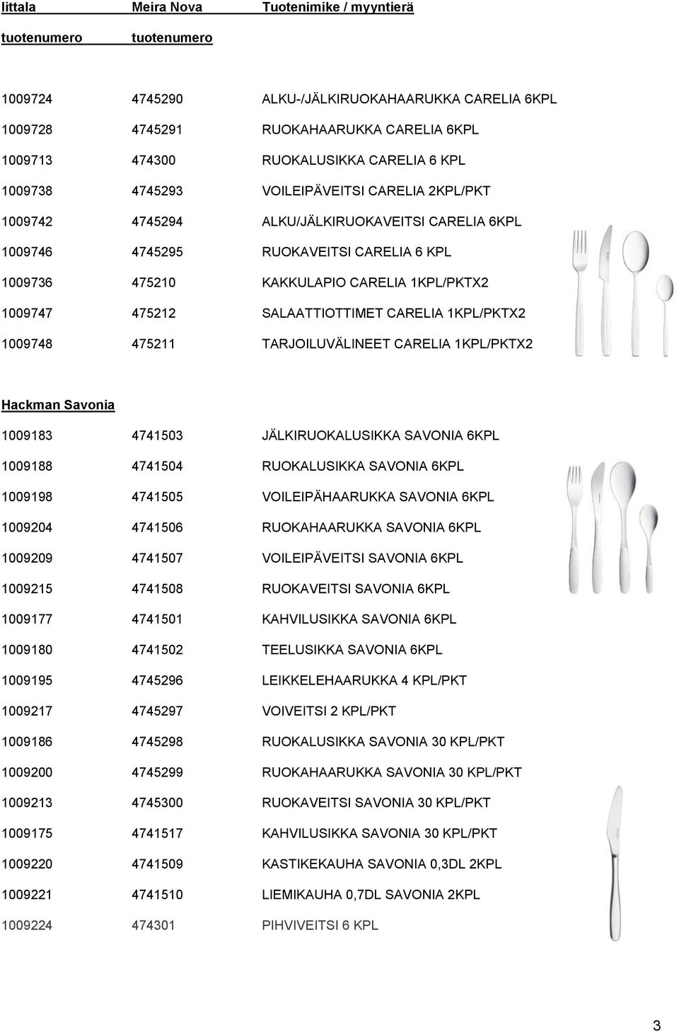 TARJOILUVÄLINEET CARELIA 1KPL/PKTX2 Hackman Savonia 1009183 4741503 JÄLKIRUOKALUSIKKA SAVONIA 6KPL 1009188 4741504 RUOKALUSIKKA SAVONIA 6KPL 1009198 4741505 VOILEIPÄHAARUKKA SAVONIA 6KPL 1009204