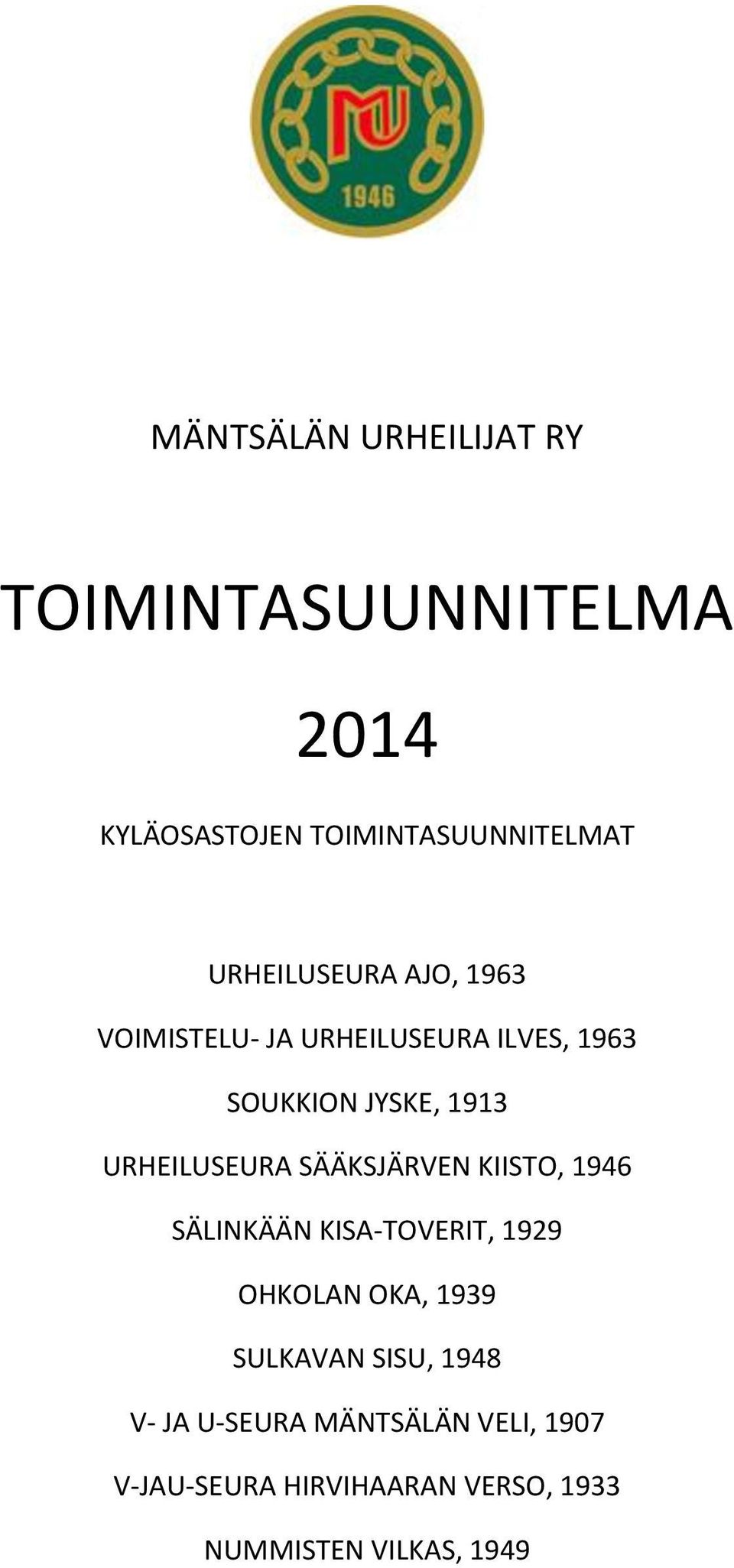 URHEILUSEURA SÄÄKSJÄRVEN KIISTO, 1946 SÄLINKÄÄN KISA-TOVERIT, 1929 OHKOLAN OKA, 1939