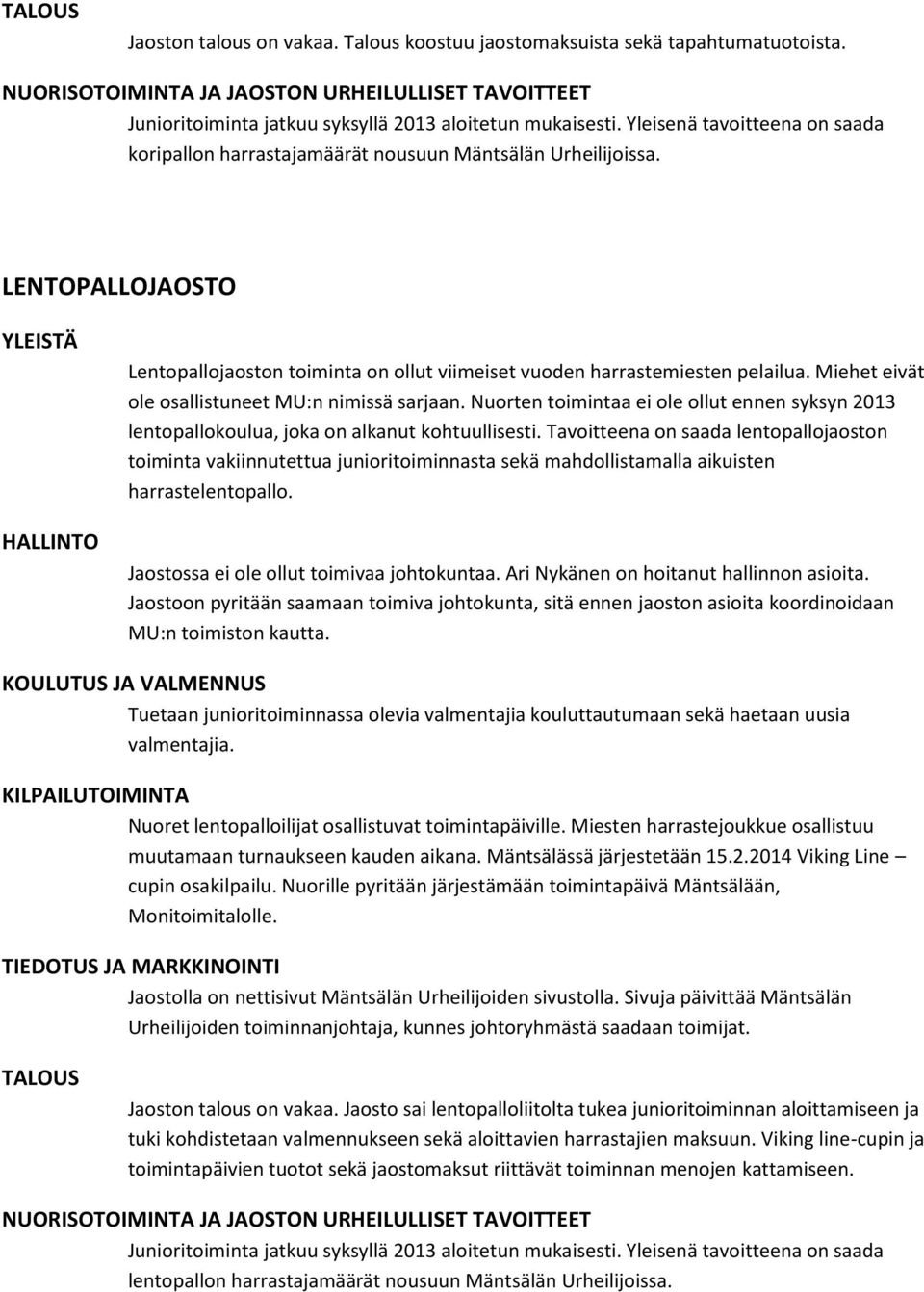 Miehet eivät ole osallistuneet MU:n nimissä sarjaan. Nuorten toimintaa ei ole ollut ennen syksyn 2013 lentopallokoulua, joka on alkanut kohtuullisesti.