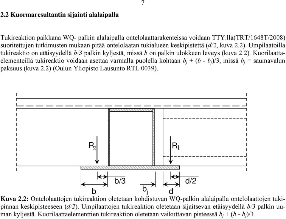 ) (Oulun Yliopisto Lausunto RTL 0039). R R 1 b b/3 b j Kuva.: Ontelolaattojen tukireaktion oletetaan kohdistuvan WQ-palkin alalaipalla ontelolaattojen tukipinnan keskipisteeseen (d/).