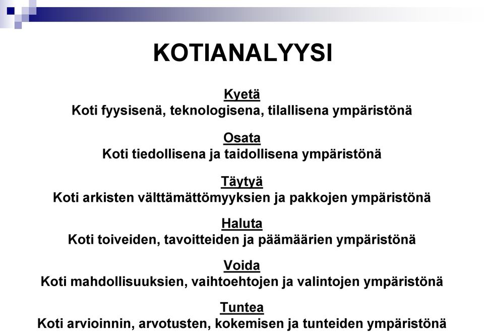 Haluta Koti toiveiden, tavoitteiden ja päämäärien ympäristönä Voida Koti mahdollisuuksien,