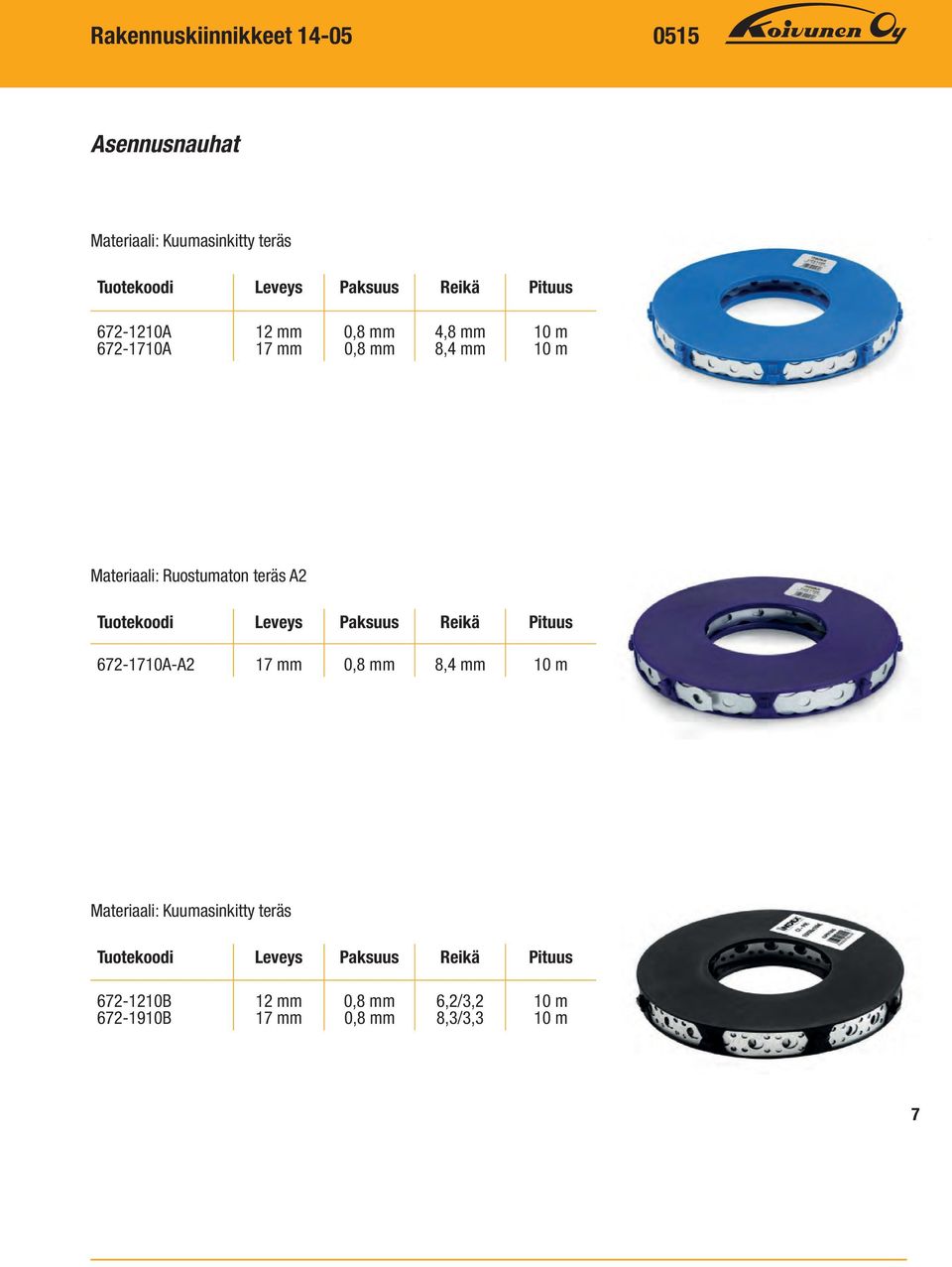 Tuotekoodi eveys Paksuus Reikä Pituus 672-1710A-A2 17 mm 0,8 mm 8,4 mm 10 m Tuotekoodi