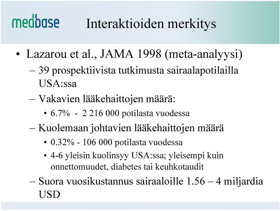 lääkehaittojen määrä: 6.7% - 2 216 000 potilasta vuodessa Kuolemaan johtavien lääkehaittojen määrä 0.