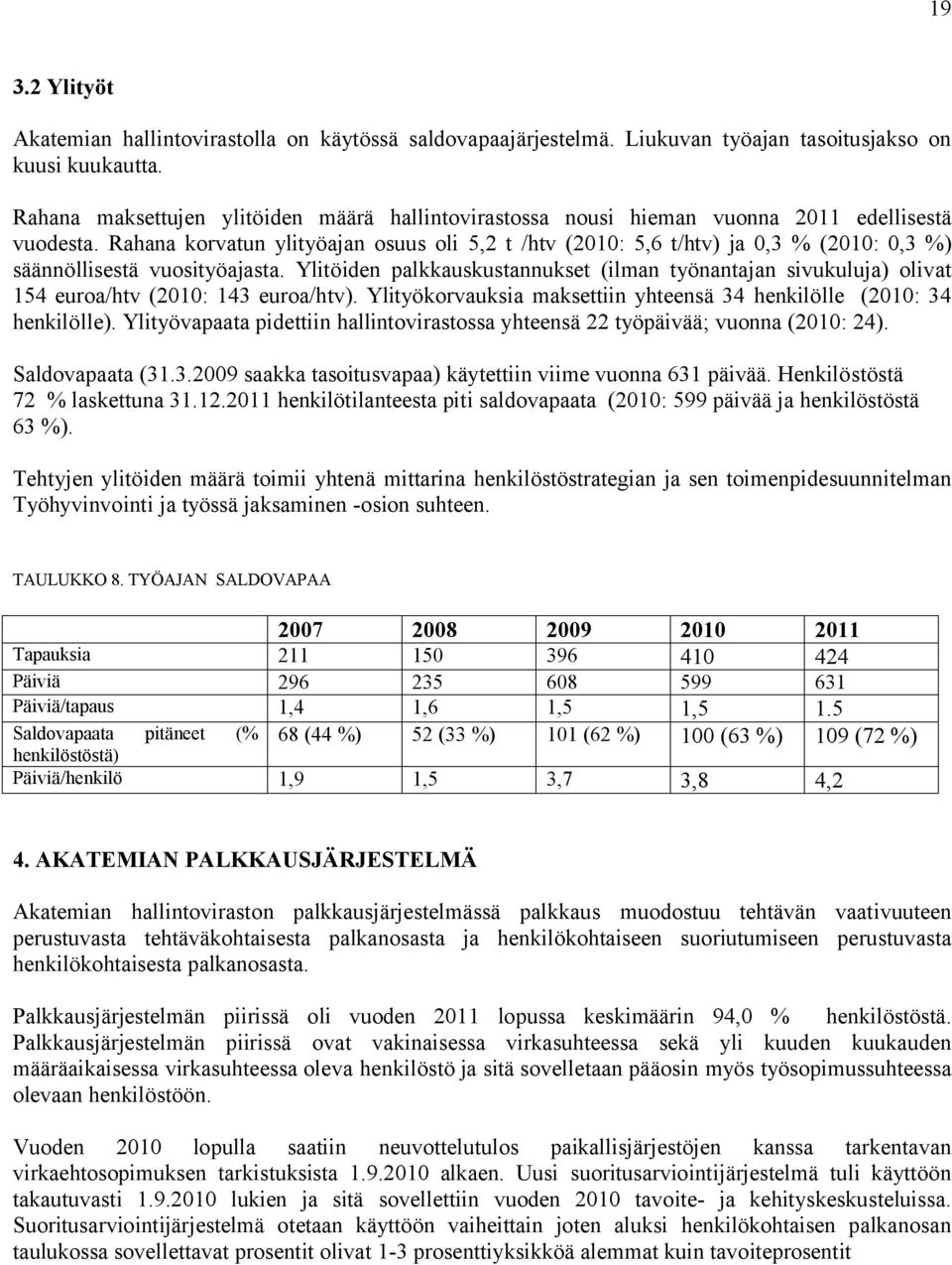 Rahana korvatun ylityöajan osuus oli 5,2 t /htv (2010: 5,6 t/htv) ja 0,3 % (2010: 0,3 %) säännöllisestä vuosityöajasta.