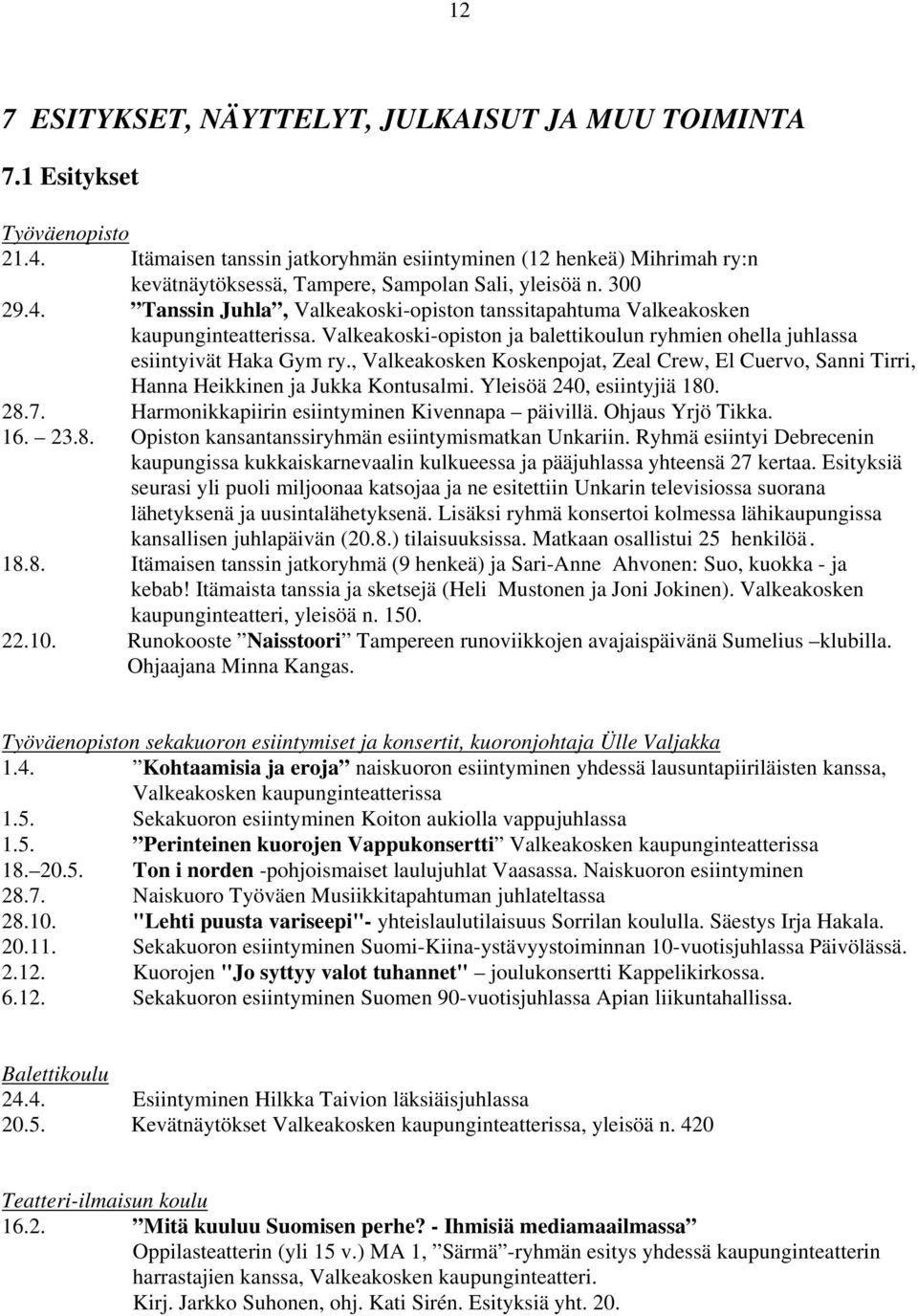 Tanssin Juhla, Valkeakoski-opiston tanssitapahtuma Valkeakosken kaupunginteatterissa. Valkeakoski-opiston ja balettikoulun ryhmien ohella juhlassa esiintyivät Haka Gym ry.