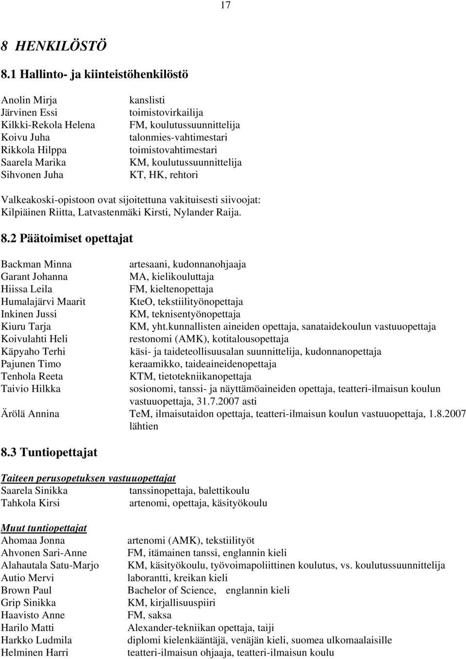 talonmies-vahtimestari toimistovahtimestari KM, koulutussuunnittelija KT, HK, rehtori Valkeakoski-opistoon ovat sijoitettuna vakituisesti siivoojat: Kilpiäinen Riitta, Latvastenmäki Kirsti, Nylander