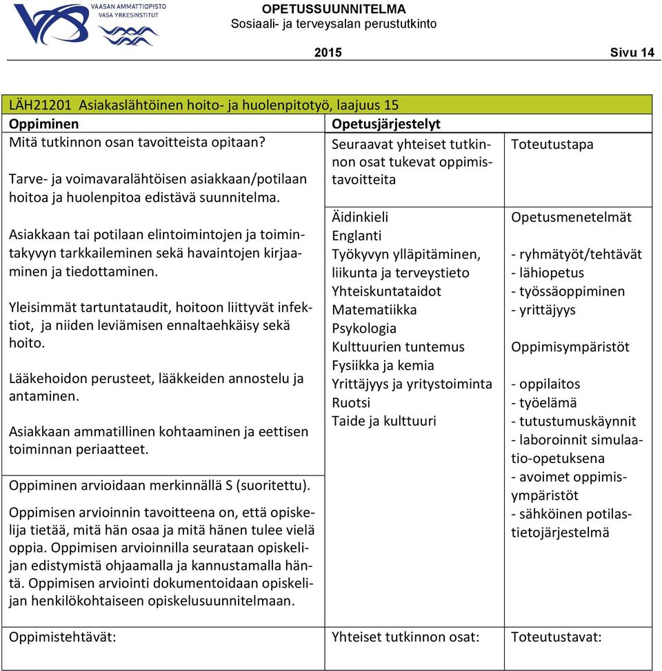 Yleisimmät tartuntataudit, hoitoon liittyvät infektiot, ja niiden leviämisen ennaltaehkäisy sekä hoito. Lääkehoidon perusteet, lääkkeiden annostelu ja antaminen.