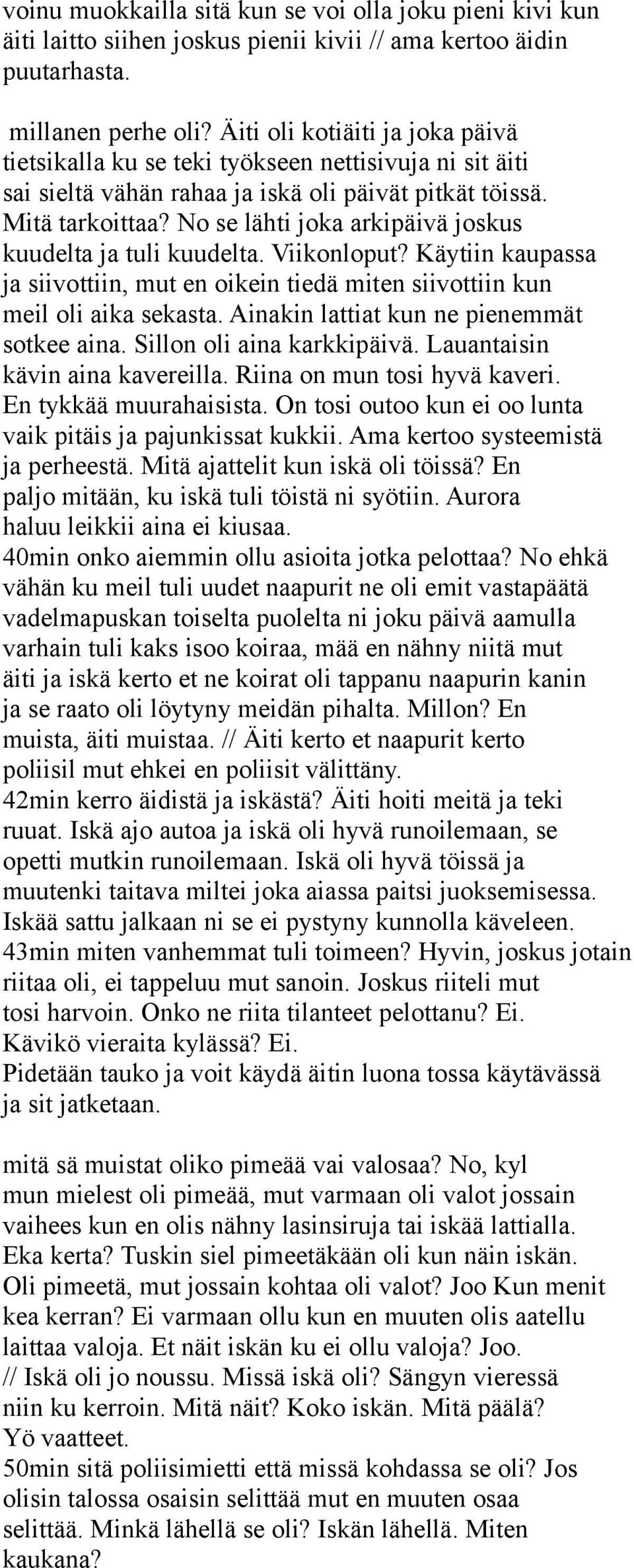 No se lähti joka arkipäivä joskus kuudelta ja tuli kuudelta. Viikonloput? Käytiin kaupassa ja siivottiin, mut en oikein tiedä miten siivottiin kun meil oli aika sekasta.