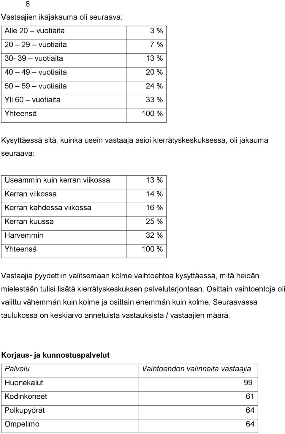 Yhteensä 100 % Vastaajia pyydettiin valitsemaan kolme vaihtoehtoa kysyttäessä, mitä heidän mielestään tulisi lisätä kierrätyskeskuksen palvelutarjontaan.