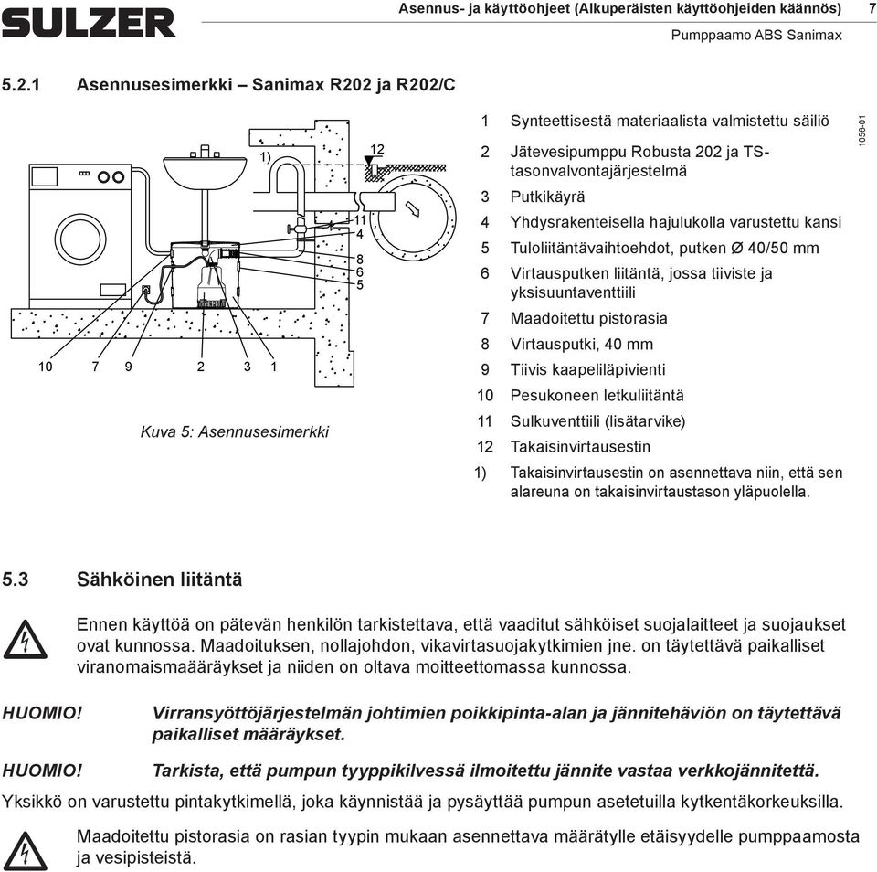 TStasonvalvontajärjestelmä 3 Putkikäyrä 4 Yhdysrakenteisella hajulukolla varustettu kansi 5 Tuloliitäntävaihtoehdot, putken Ø 40/50 mm 6 Virtausputken liitäntä, jossa tiiviste ja yksisuuntaventtiili