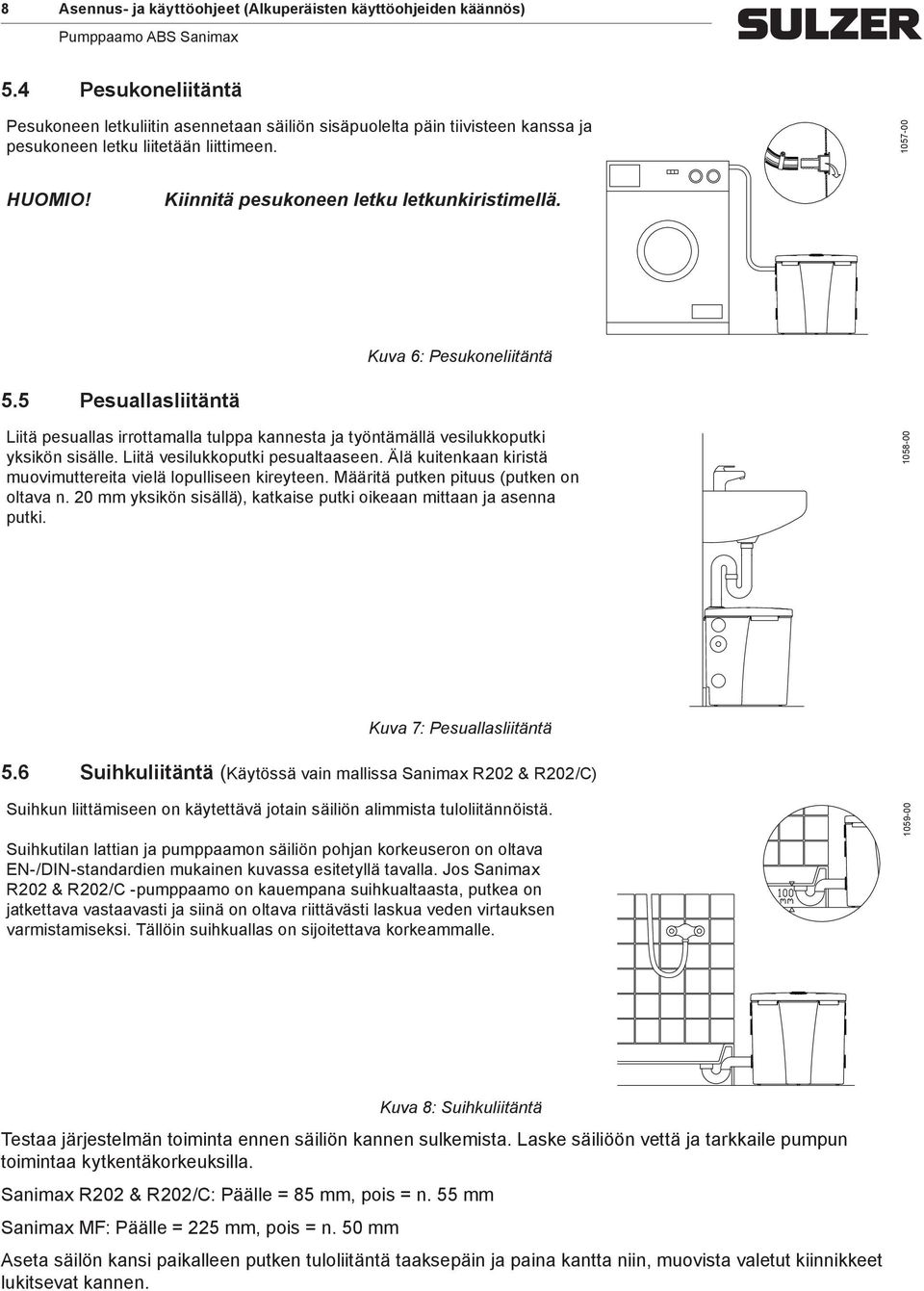 Kuva 6: Pesukoneliitäntä 5.5 Pesuallasliitäntä Liitä pesuallas irrottamalla tulppa kannesta ja työntämällä vesilukkoputki yksikön sisälle. Liitä vesilukkoputki pesualtaaseen.