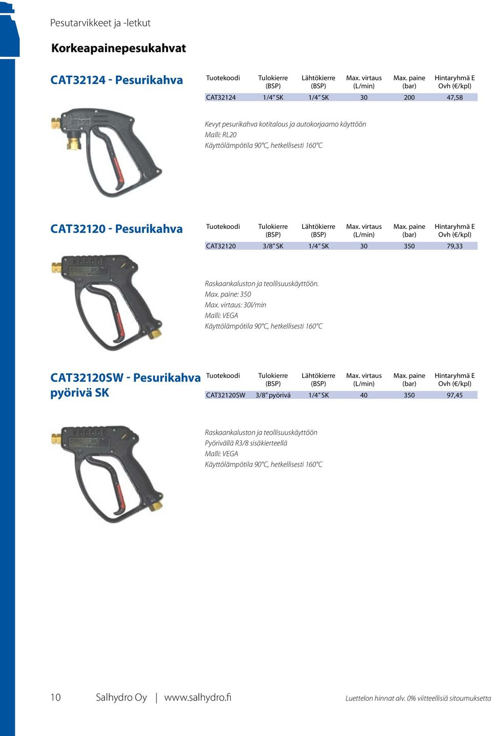 Tulokierre Lähtökierre Max. virtaus (L/min) Max. paine (bar) Hintaryhmä E CAT32120 3/8 SK 1/4 SK 30 35079,33 Raskaankaluston ja teollisuuskäyttöön. Max. paine: 350 Max.