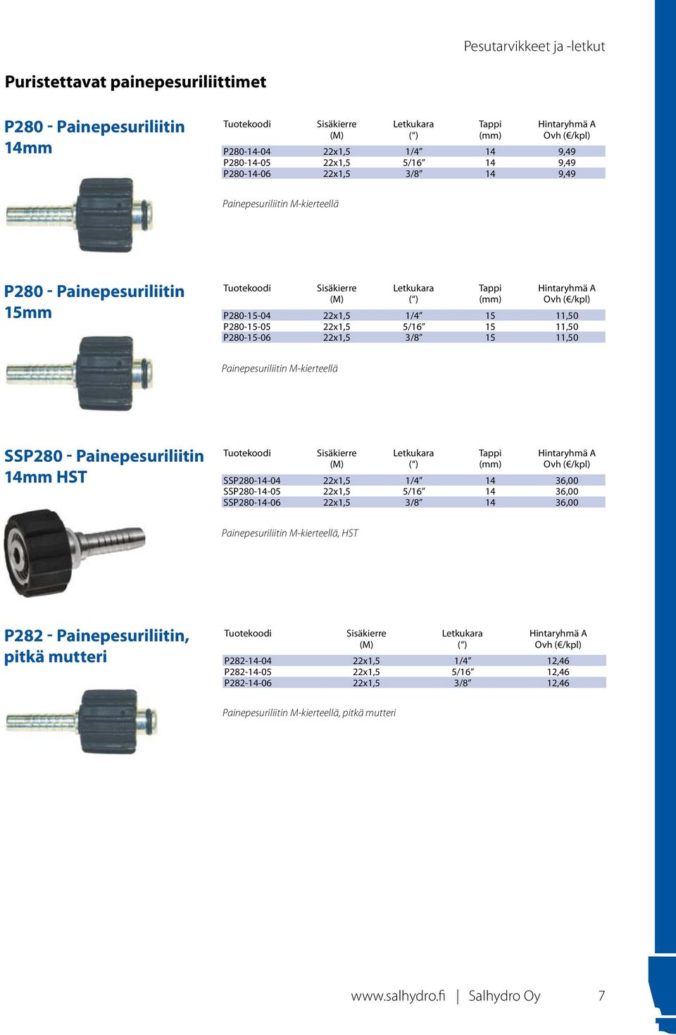 P280-15-06 22x1,5 3/8 1511,50 Painepesuriliitin M-kierteellä SSP280 - Painepesuriliitin 14mm HST Sisäkierre (M) Letkukara ( ) Tappi Hintaryhmä A SSP280-14-04 22x1,5 1/4 1436,00 SSP280-14-05 22x1,5