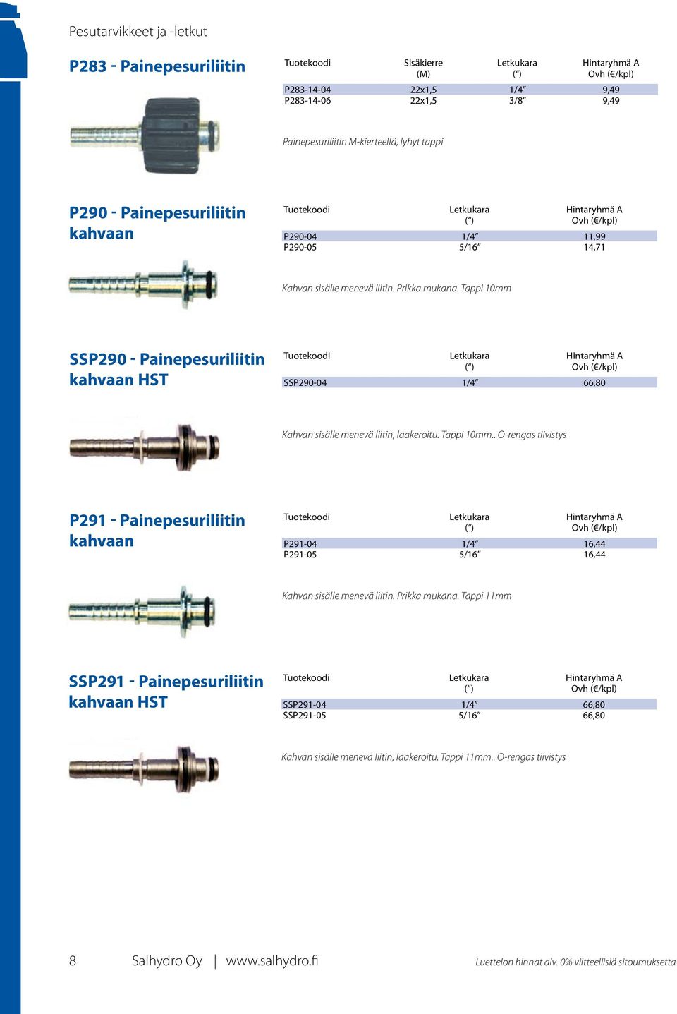 Tappi 10mm SSP290 - Painepesuriliitin kahvaan HST Letkukara ( ) Hintaryhmä A SSP290-04 1/4 66,80 Kahvan sisälle menevä liitin, laakeroitu. Tappi 10mm.