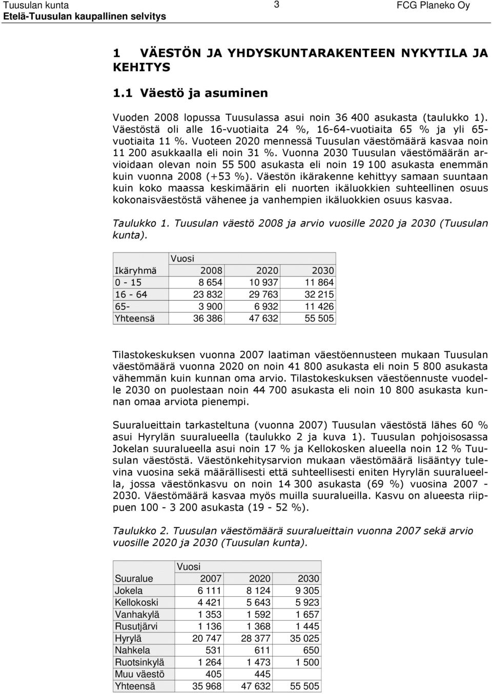 Vuonna 2030 Tuusulan väestömäärän arvioidaan olevan noin 55 500 asukasta eli noin 19 100 asukasta enemmän kuin vuonna 2008 (+53 %).