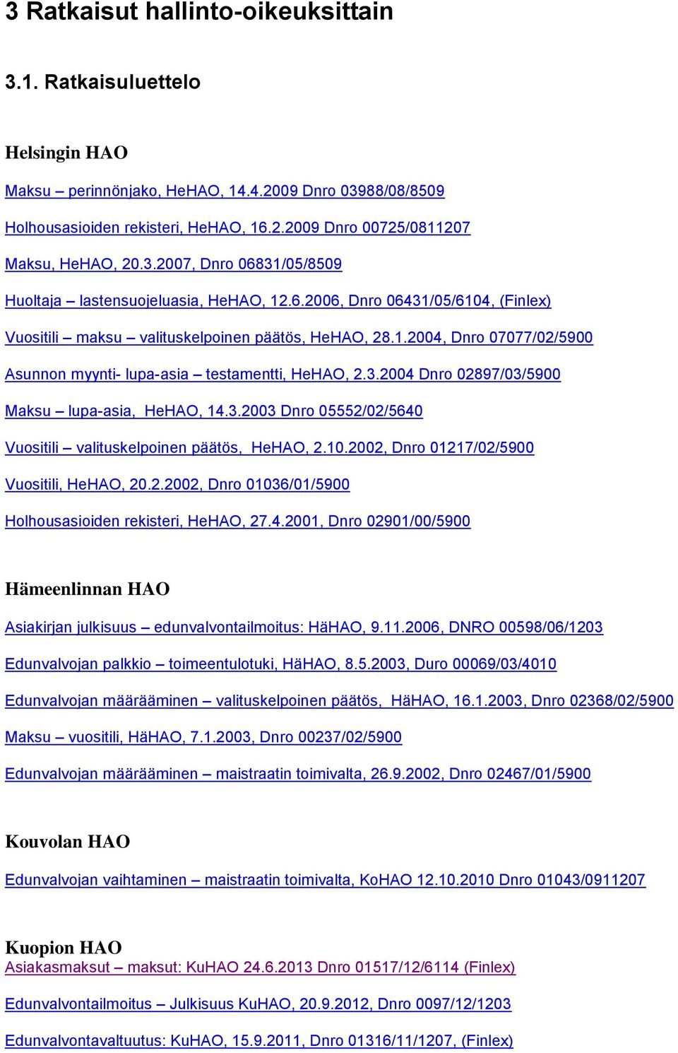 3.2004 Dnro 02897/03/5900 Maksu lupa-asia, HeHAO, 14.3.2003 Dnro 05552/02/5640 Vuositili valituskelpoinen päätös, HeHAO, 2.10.2002, Dnro 01217/02/5900 Vuositili, HeHAO, 20.2.2002, Dnro 01036/01/5900 Holhousasioiden rekisteri, HeHAO, 27.