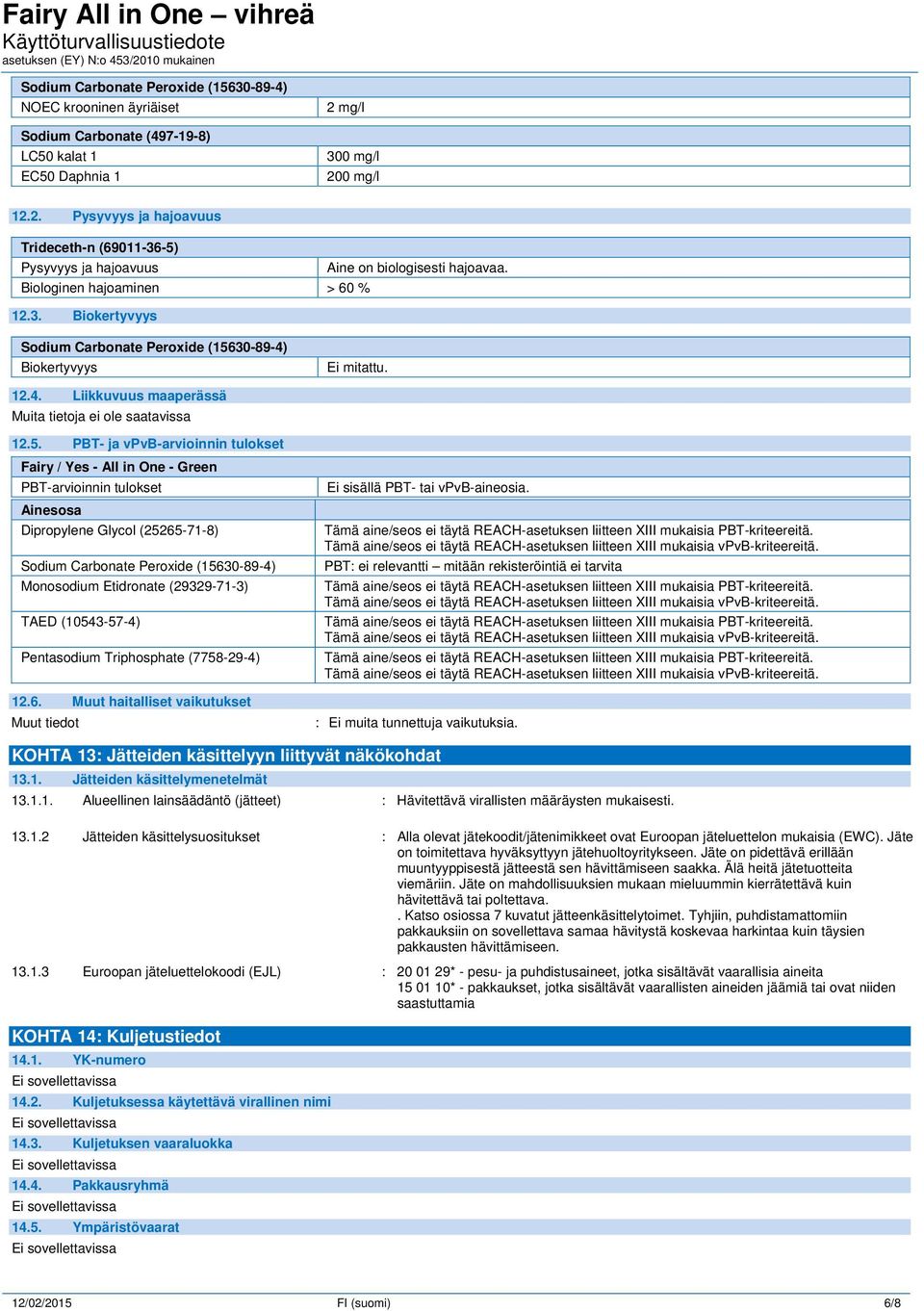 PBT- ja vpvb-arvioinnin tulokset Fairy / Yes - All in One - Green PBT-arvioinnin tulokset Ainesosa Dipropylene Glycol (25265-71-8) Monosodium Etidronate (29329-71-3) TAED (10543-57-4) Pentasodium