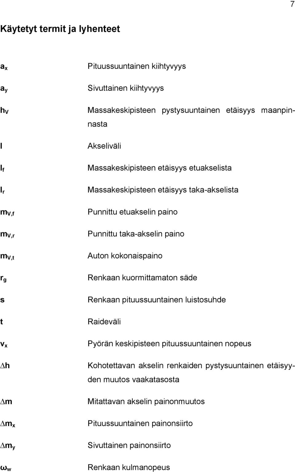 kokonaispaino r g Renkaan kuormittamaton säde s t Renkaan pituussuuntainen luistosuhde Raideväli v x Pyörän keskipisteen pituussuuntainen nopeus h m m x m y