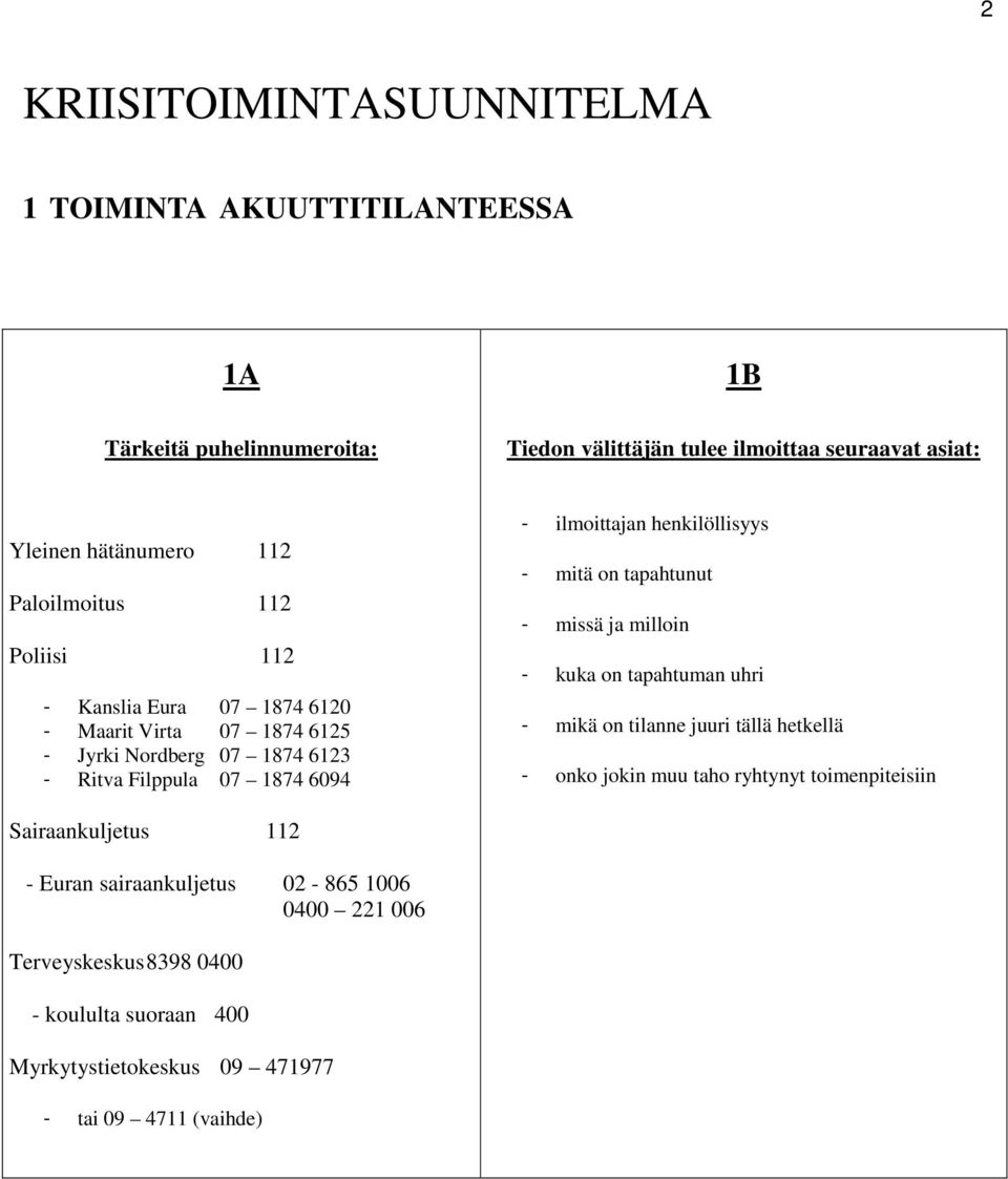 henkilöllisyys - mitä on tapahtunut - missä ja milloin - kuka on tapahtuman uhri - mikä on tilanne juuri tällä hetkellä - onko jokin muu taho ryhtynyt