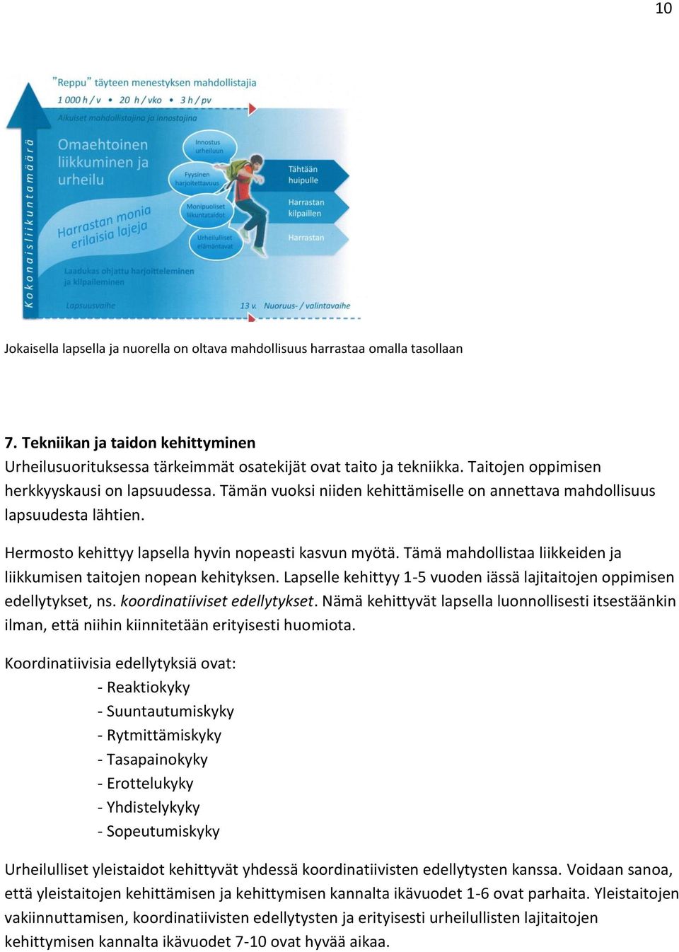 Tämä mahdollistaa liikkeiden ja liikkumisen taitojen nopean kehityksen. Lapselle kehittyy 1-5 vuoden iässä lajitaitojen oppimisen edellytykset, ns. koordinatiiviset edellytykset.