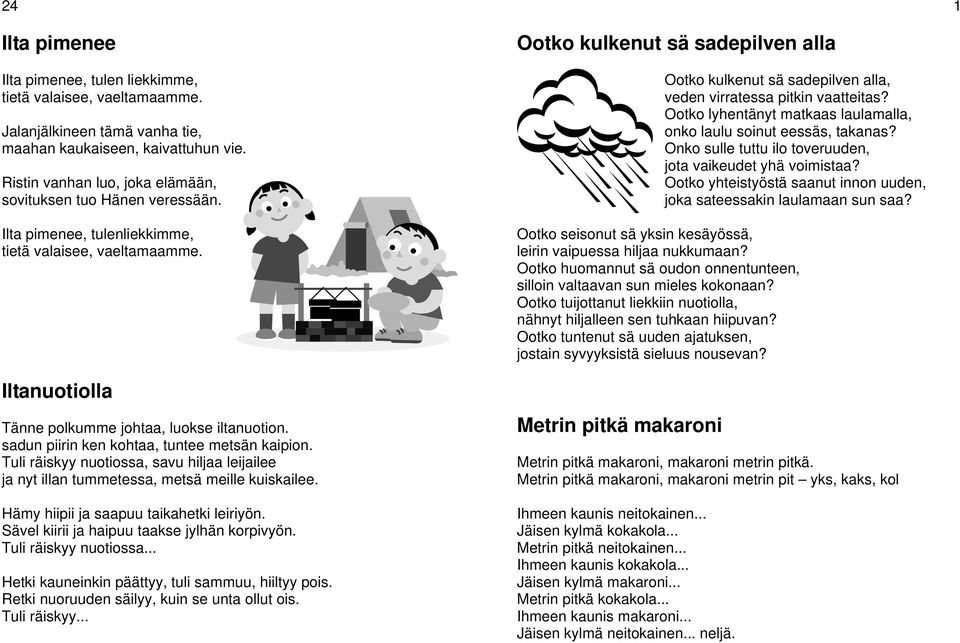 sadun piirin ken kohtaa, tuntee metsän kaipion. Tuli räiskyy nuotiossa, savu hiljaa leijailee ja nyt illan tummetessa, metsä meille kuiskailee. Hämy hiipii ja saapuu taikahetki leiriyön.