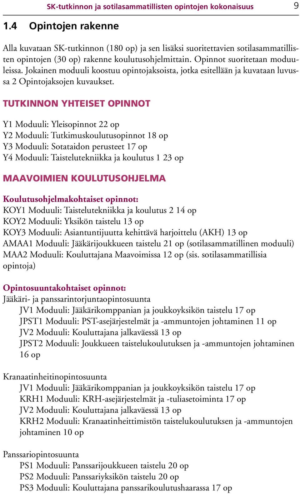 Jokainen moduuli koostuu opintojaksoista, jotka esitellään ja kuvataan luvussa 2 Opintojaksojen kuvaukset.