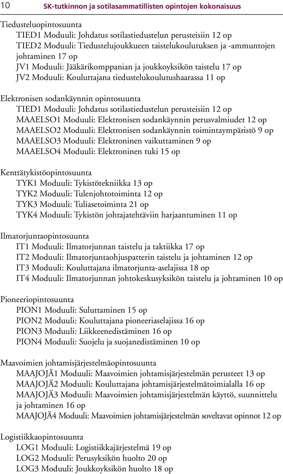 opintosuunta TIED1 Moduuli: Johdatus sotilastiedustelun perusteisiin 12 op MAAELSO1 Moduuli: Elektronisen sodankäynnin perusvalmiudet 12 op MAAELSO2 Moduuli: Elektronisen sodankäynnin