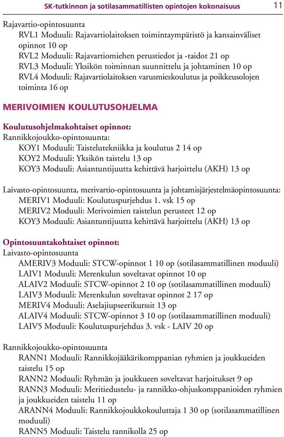 MERIVOIMIEN KOULUTUSOHJELMA Koulutusohjelmakohtaiset opinnot: Rannikkojoukko-opintosuunta: KOY1 Moduuli: Taistelutekniikka ja koulutus 2 14 op KOY2 Moduuli: Yksikön taistelu 13 op KOY3 Moduuli: