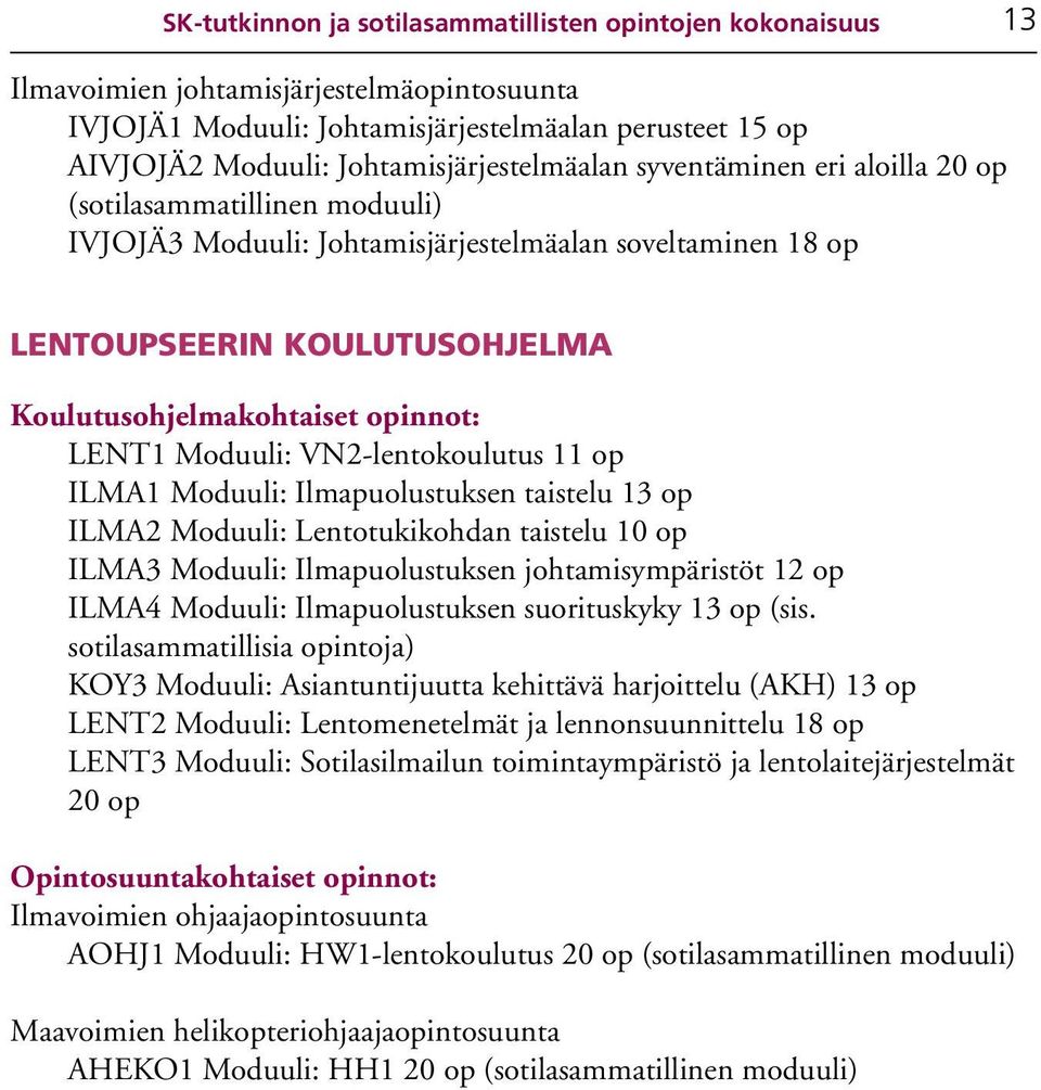 opinnot: LENT1 Moduuli: VN2-lentokoulutus 11 op ILMA1 Moduuli: Ilmapuolustuksen taistelu 13 op ILMA2 Moduuli: Lentotukikohdan taistelu 10 op ILMA3 Moduuli: Ilmapuolustuksen johtamisympäristöt 12 op