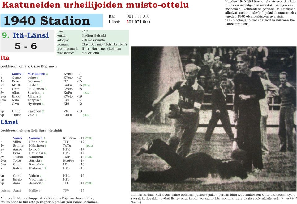 kenttä: Stadion Helsinki katsojia: 710 maksanutta tuomari: Olavi Suvanto (Helsinki TMP) syöttötuomari: Ilmari Honkanen (Loimaa) avausheitto: ei suoritettu Joukkueen johtaja: Osmo Kupiainen L Kalervo