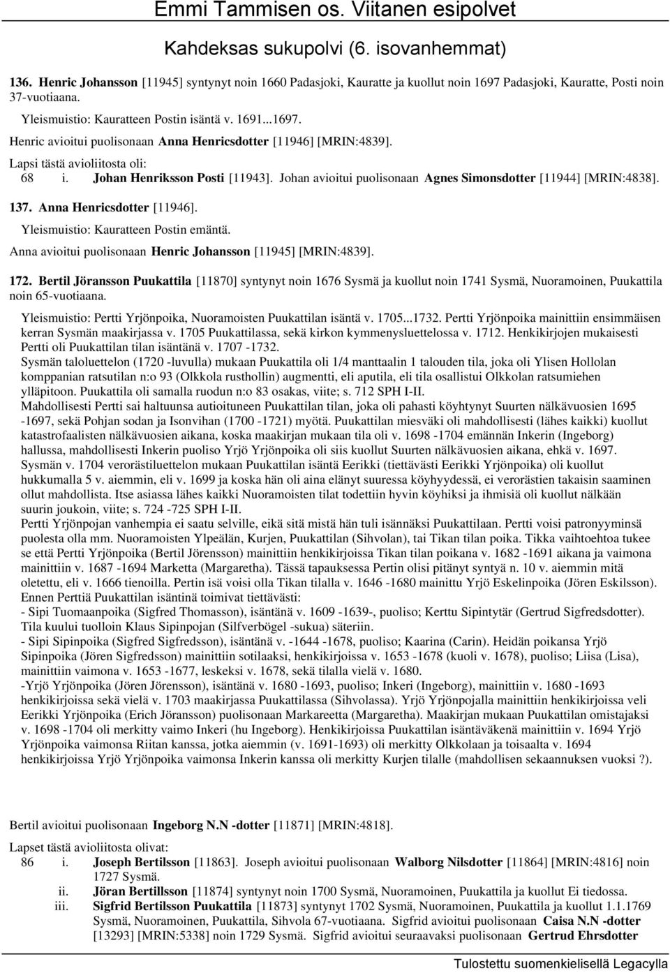 Johan avioitui puolisonaan Agnes Simonsdotter [11944] [MRIN:4838]. 137. Anna Henricsdotter [11946]. Yleismuistio: Kauratteen Postin emäntä.