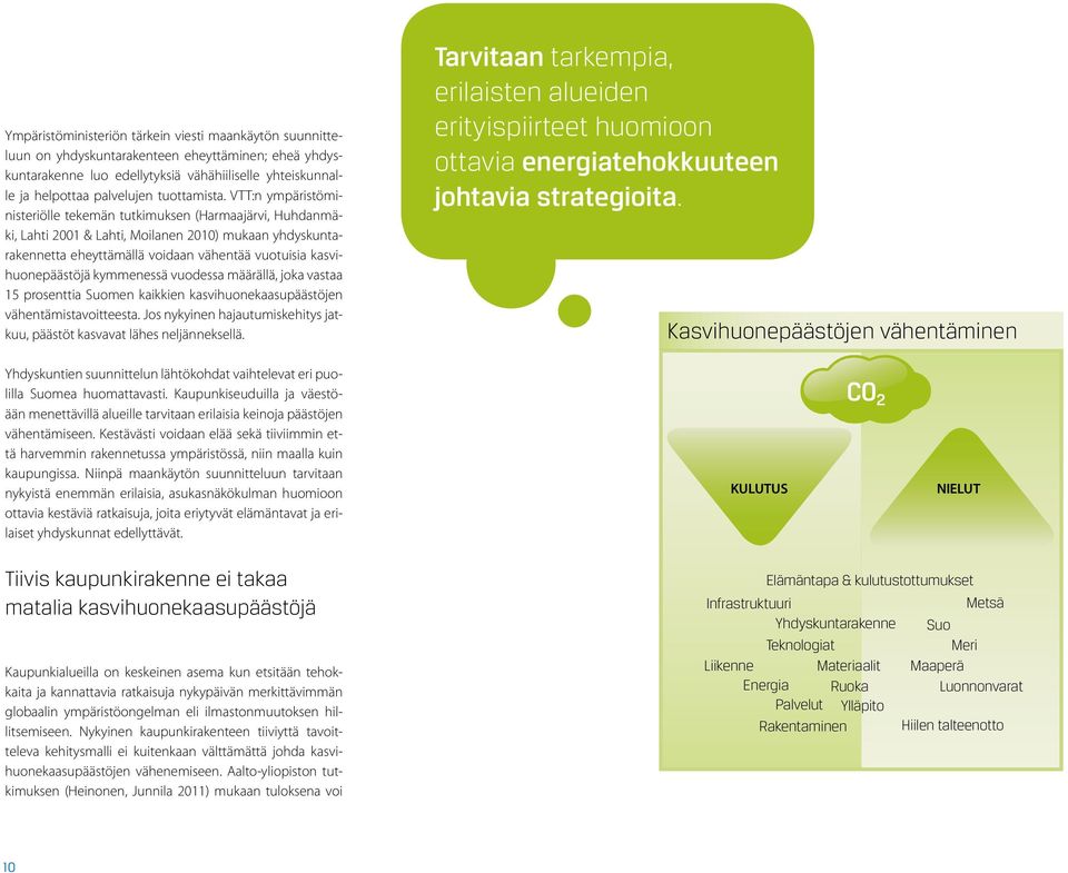 VTT:n ympäristöministeriölle tekemän tutkimuksen (Harmaajärvi, Huhdanmäki, Lahti 2001 & Lahti, Moilanen 2010) mukaan yhdyskuntarakennetta eheyttämällä voidaan vähentää vuotuisia kasvihuonepäästöjä