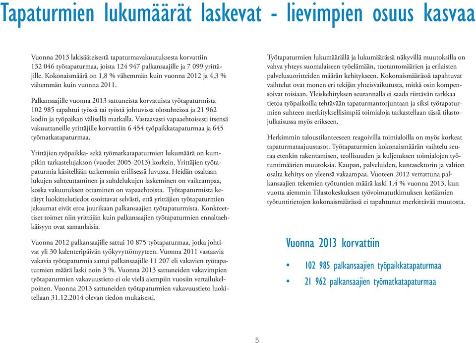 Palkansaajille vuonna 213 sattuneista korvatuista työtapaturmista 12 985 tapahtui työssä tai työstä johtuvissa olosuhteissa ja 21 962 kodin ja työpaikan välisellä matkalla.