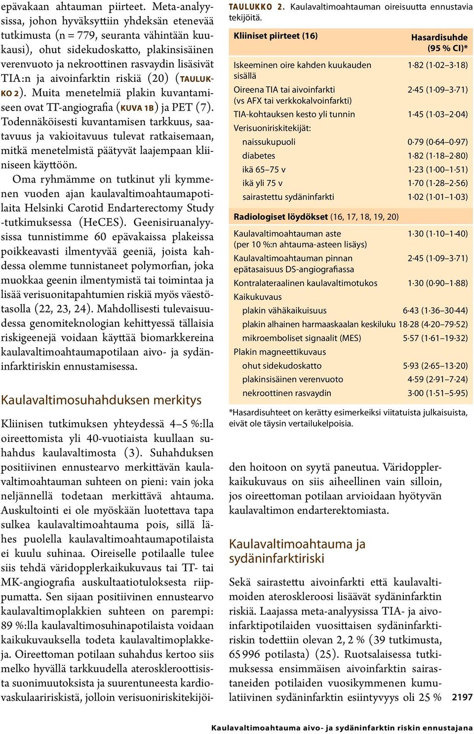 aivoinfarktin riskiä (20) (TAULUK- KO 2). Muita menetelmiä plakin kuvantamiseen ovat TT-angiografia (KUVA 1B) ja PET (7).