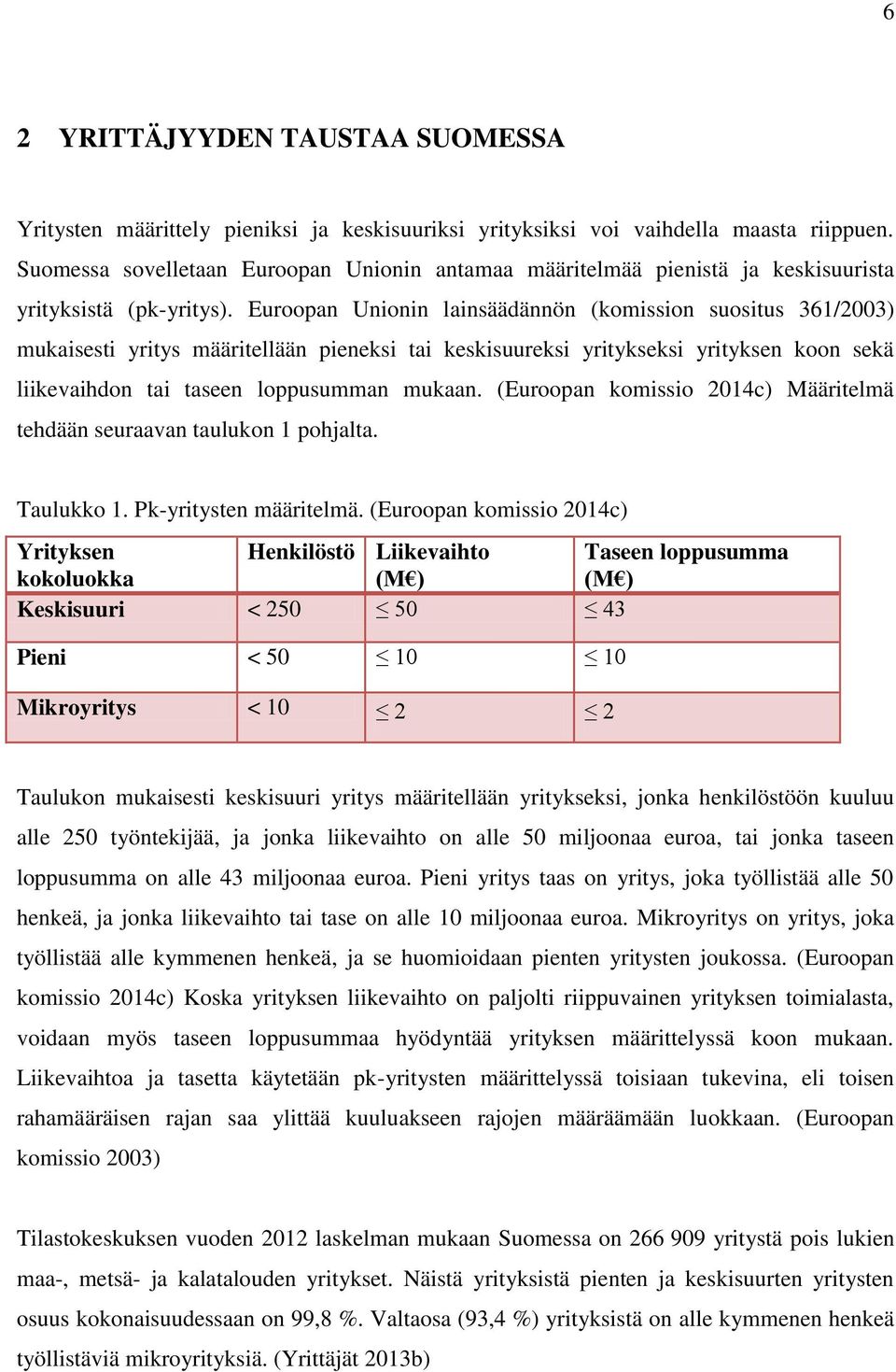 Euroopan Unionin lainsäädännön (komission suositus 361/2003) mukaisesti yritys määritellään pieneksi tai keskisuureksi yritykseksi yrityksen koon sekä liikevaihdon tai taseen loppusumman mukaan.