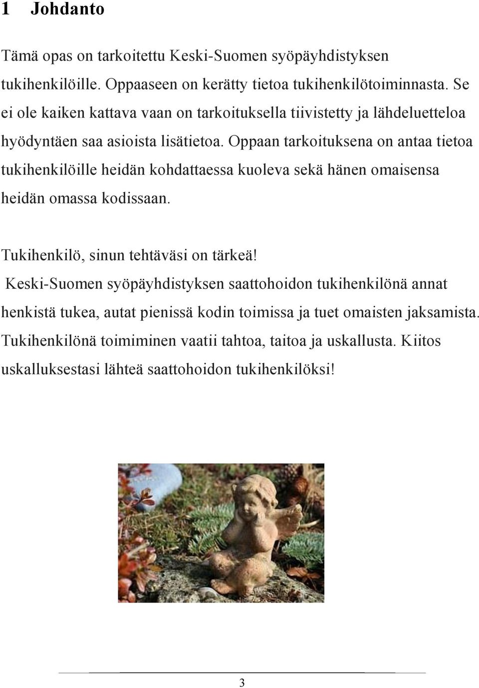 Oppaan tarkoituksena on antaa tietoa tukihenkilöille heidän kohdattaessa kuoleva sekä hänen omaisensa heidän omassa kodissaan. Tukihenkilö, sinun tehtäväsi on tärkeä!