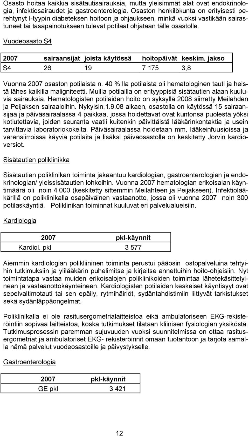 Vuodeosasto S4 2007 sairaansijat joista käytössä hoitopäivät keskim. jakso S4 26 19 7 175 3,8 Vuonna 2007 osaston potilaista n.