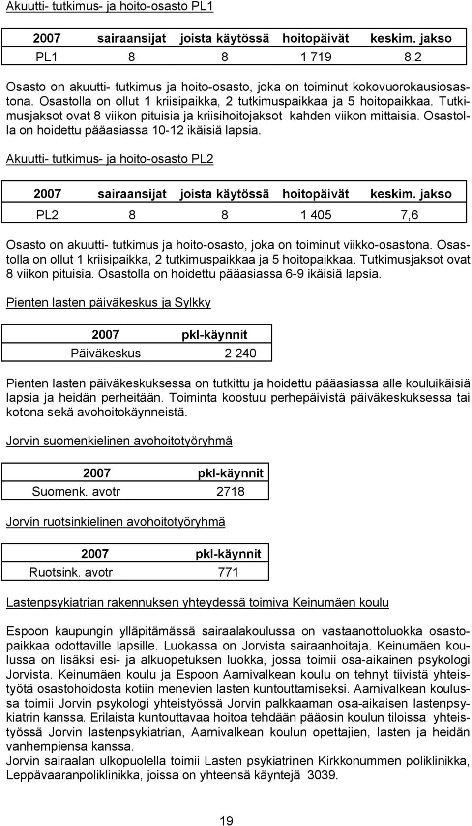 Osastolla on hoidettu pääasiassa 10 12 ikäisiä lapsia. Akuutti tutkimus ja hoito osasto PL2 2007 sairaansijat joista käytössä hoitopäivät keskim.