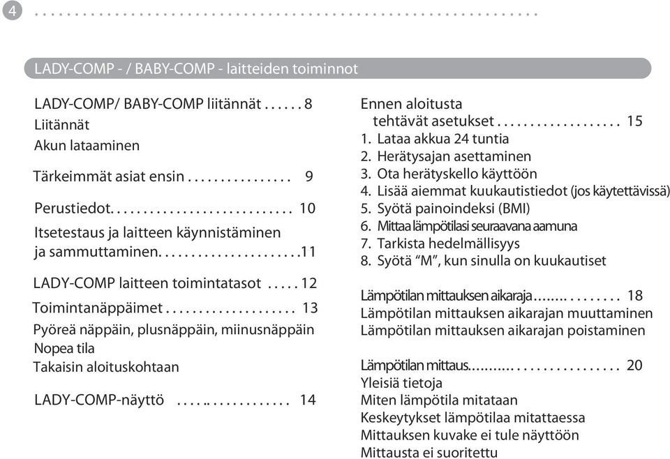 ................... 13 Pyöreä näppäin, plusnäppäin, miinusnäppäin Nopea tila Takaisin aloituskohtaan LADY-COMP-näyttö.................. 14 Ennen aloitusta tehtävät asetukset................... 15 1.