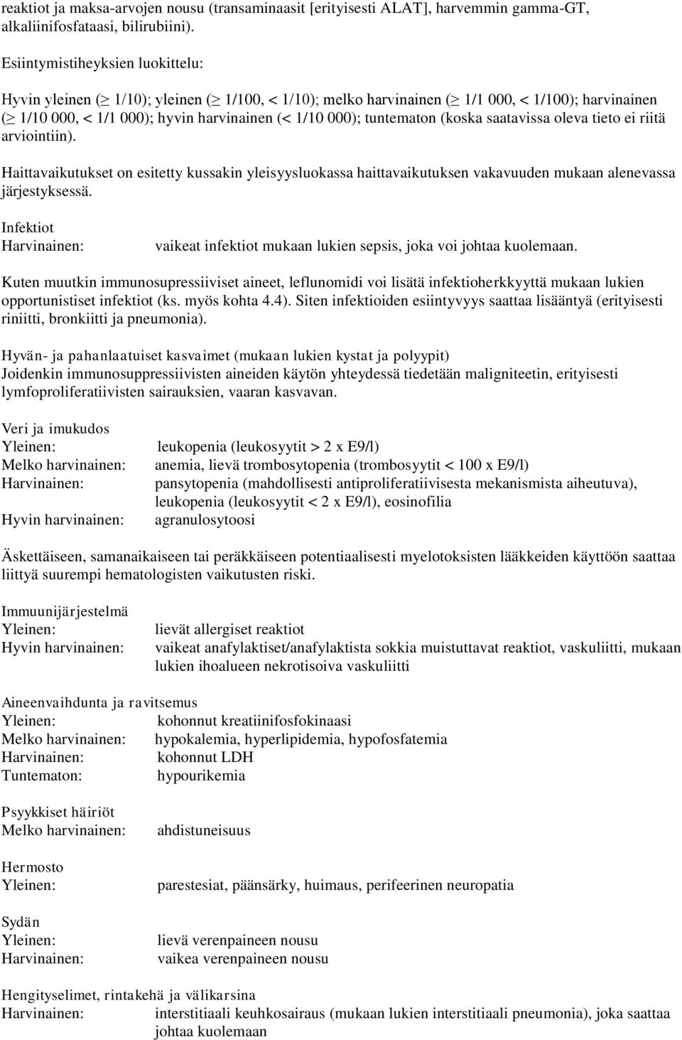 (koska saatavissa oleva tieto ei riitä arviointiin). Haittavaikutukset on esitetty kussakin yleisyysluokassa haittavaikutuksen vakavuuden mukaan alenevassa järjestyksessä.