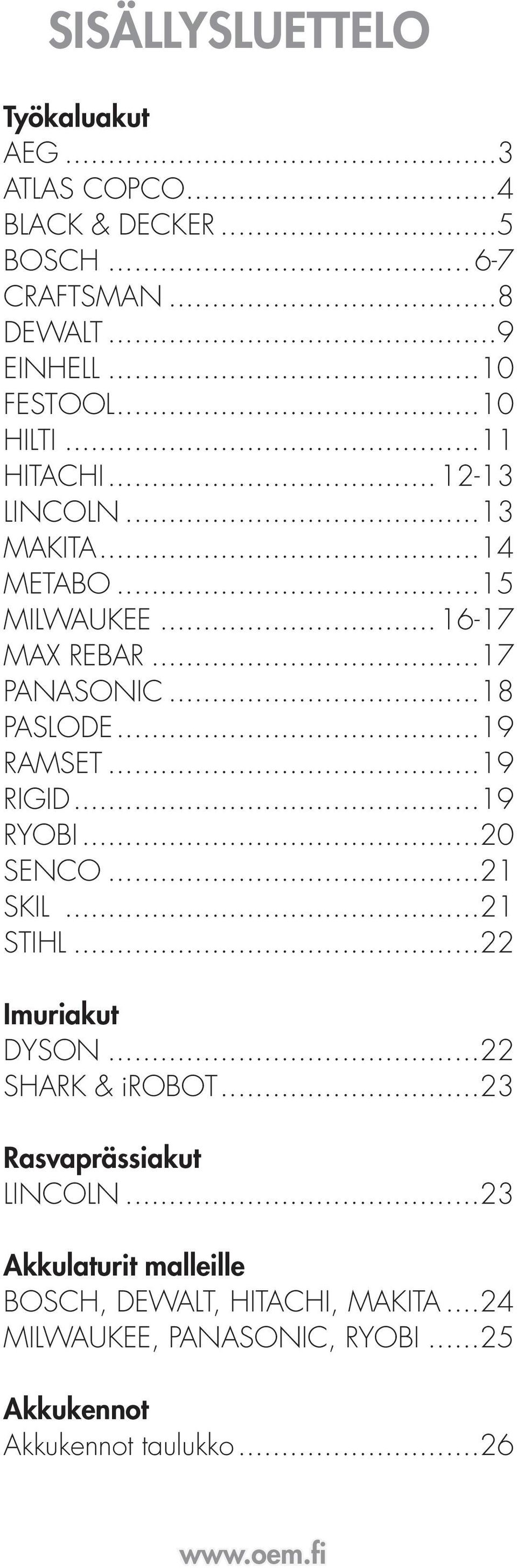 ..19 RAMSET...19 RIGID...19 RYOBI...20 SENCO...21 SKIL...21 STIHL...22 Imuriakut DYSON...22 SHARK & irobot...23 Rasvaprässiakut LINCOLN.