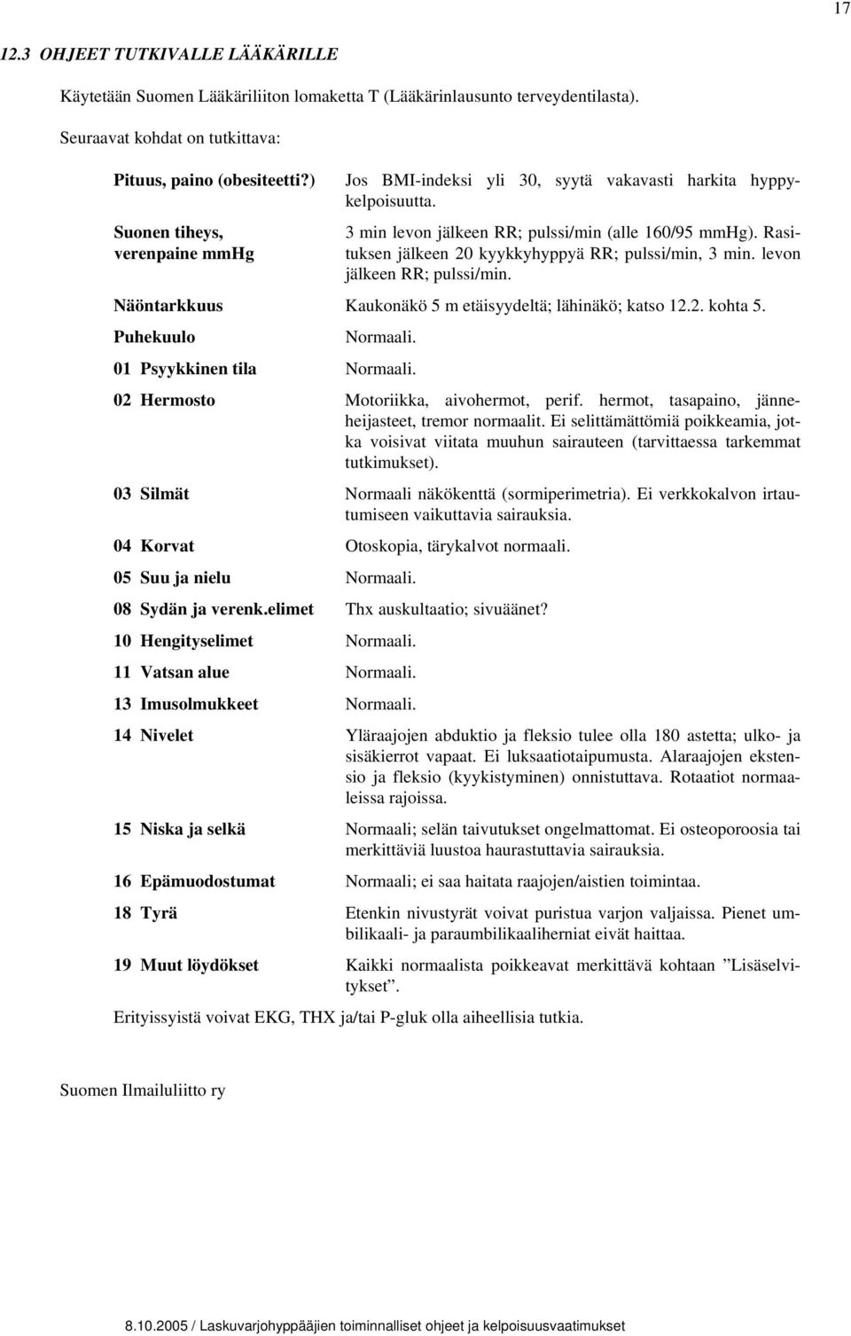 Rasituksen jälkeen 20 kyykkyhyppyä RR; pulssi/min, 3 min. levon jälkeen RR; pulssi/min. Näöntarkkuus Kaukonäkö 5 m etäisyydeltä; lähinäkö; katso 12.2. kohta 5. Puhekuulo Normaali.