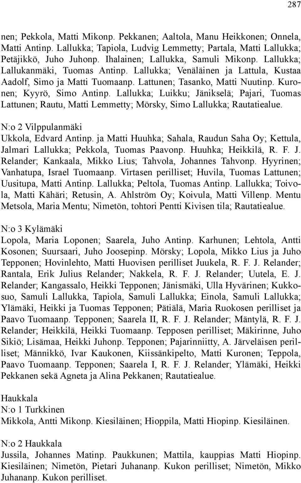 Kuronen; Kyyrö, Simo Antinp. Lallukka; Luikku; Jänikselä; Pajari, Tuomas Lattunen; Rautu, Matti Lemmetty; Mörsky, Simo Lallukka; Rautatiealue. N:o 2 Vilppulanmäki Ukkola, Edvard Antinp.