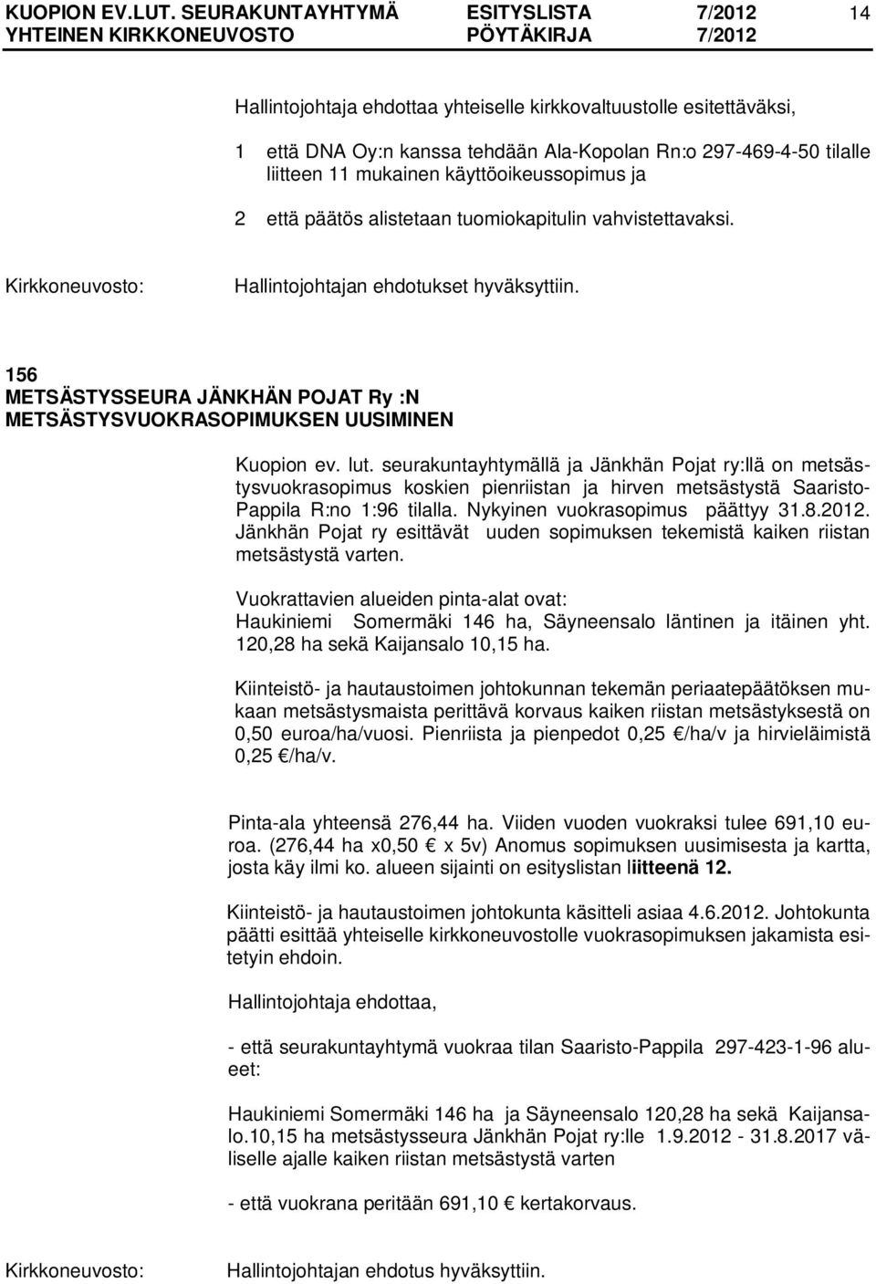 seurakuntayhtymällä ja Jänkhän Pojat ry:llä on metsästysvuokrasopimus koskien pienriistan ja hirven metsästystä Saaristo- Pappila R:no 1:96 tilalla. Nykyinen vuokrasopimus päättyy 31.8.2012.