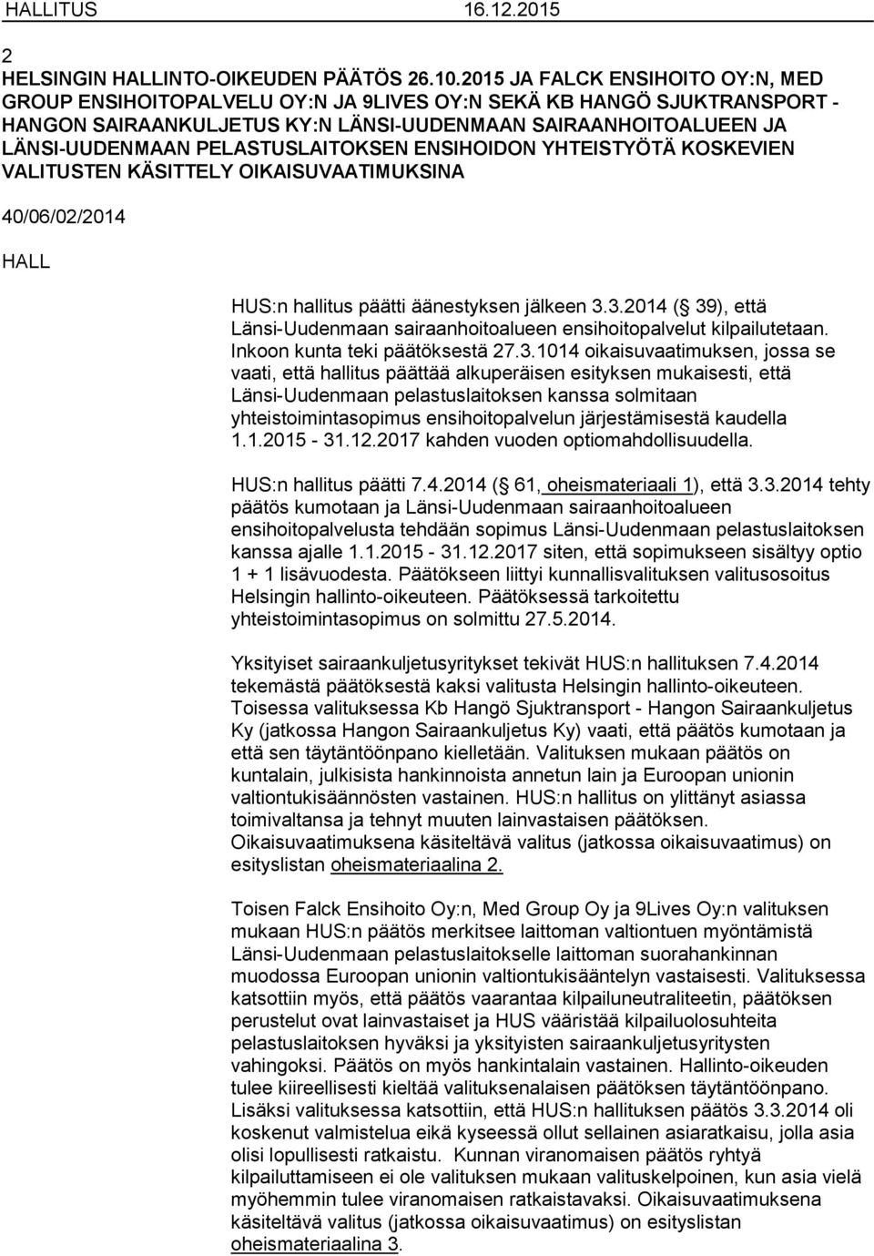 PELASTUSLAITOKSEN ENSIHOIDON YHTEISTYÖTÄ KOSKEVIEN VALITUSTEN KÄSITTELY OIKAISUVAATIMUKSINA 40/06/02/2014 HALL HUS:n hallitus päätti äänestyksen jälkeen 3.