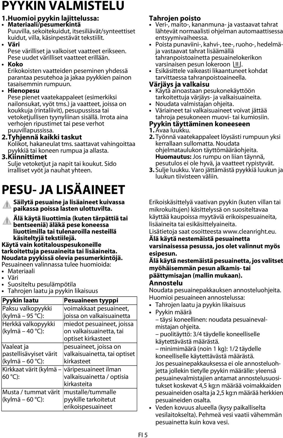 Koko Erikokoisten vaatteiden peseminen yhdessä parantaa pesutehoa ja jakaa pyykkien painon tasaisemmin rumpuun. Hienopesu Pese pienet vaatekappaleet (esimerkiksi nailonsukat, vyöt tms.