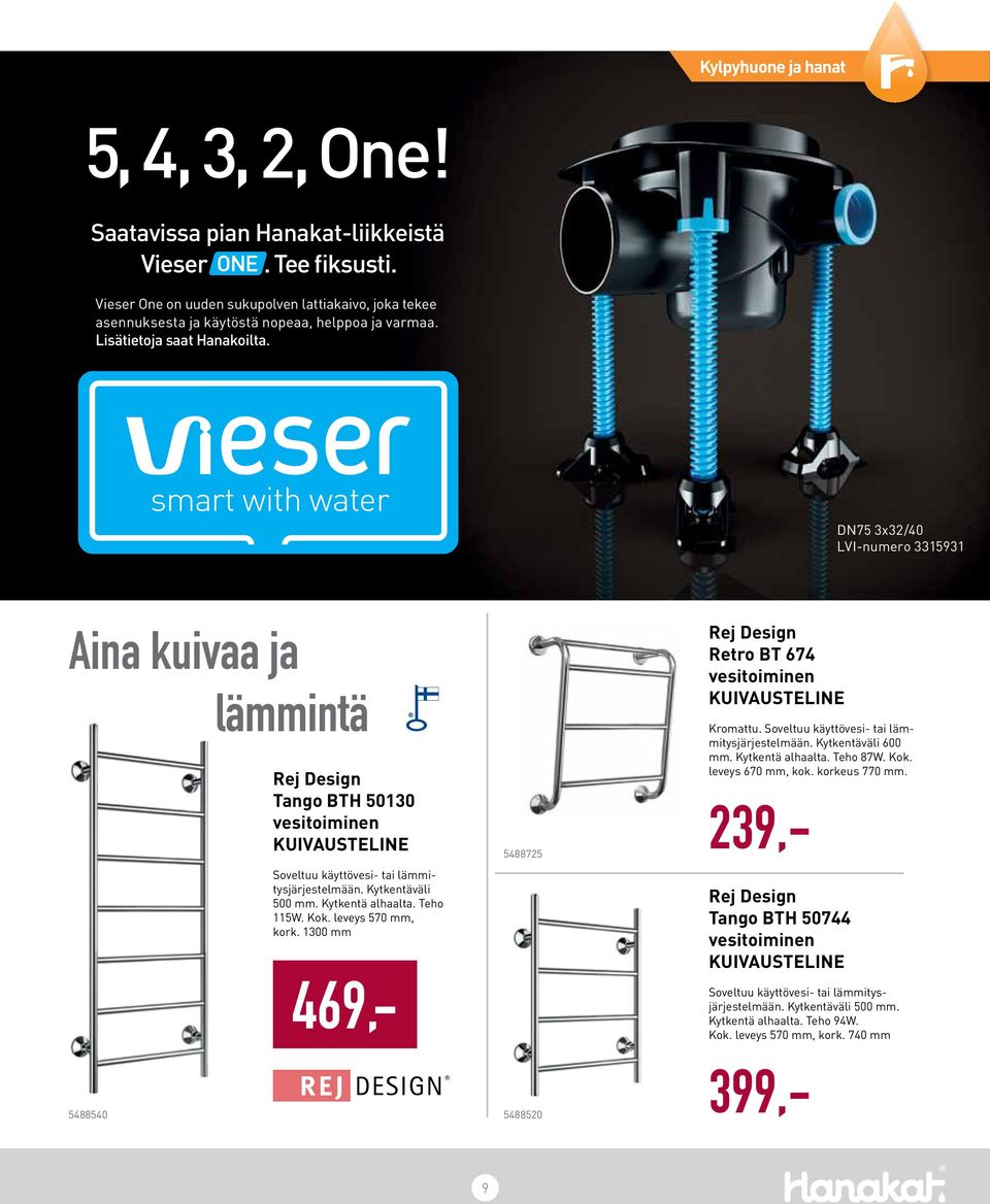 Kytkentäväli 500 mm. Kytkentä alhaalta. Teho 115W. Kok. leveys 570 mm, kork. 1300 mm 469,- 5488725 Rej Design Retro BT 674 vesitoiminen kuivausteline Kromattu.