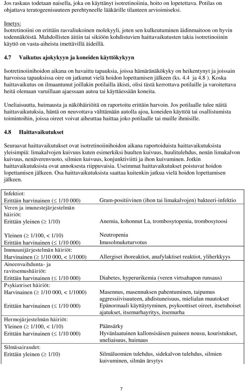 Mahdollisten äitiin tai sikiöön kohdistuvien haittavaikutusten takia isotretinoiinin käyttö on vasta-aiheista imettävillä äideillä. 4.