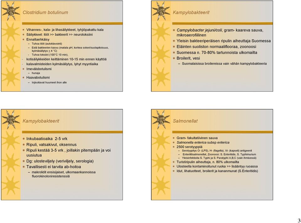 kylmäsäilytys, lyhyt myyntiaika Imeväisbotulismi hunaja Haavabotulismi Campylobacter jejuni/coli, gram- kaareva sauva, mikroaerofiilinen Yleisin bakteeriperäisen ripulin aiheuttaja Suomessa Eläinten